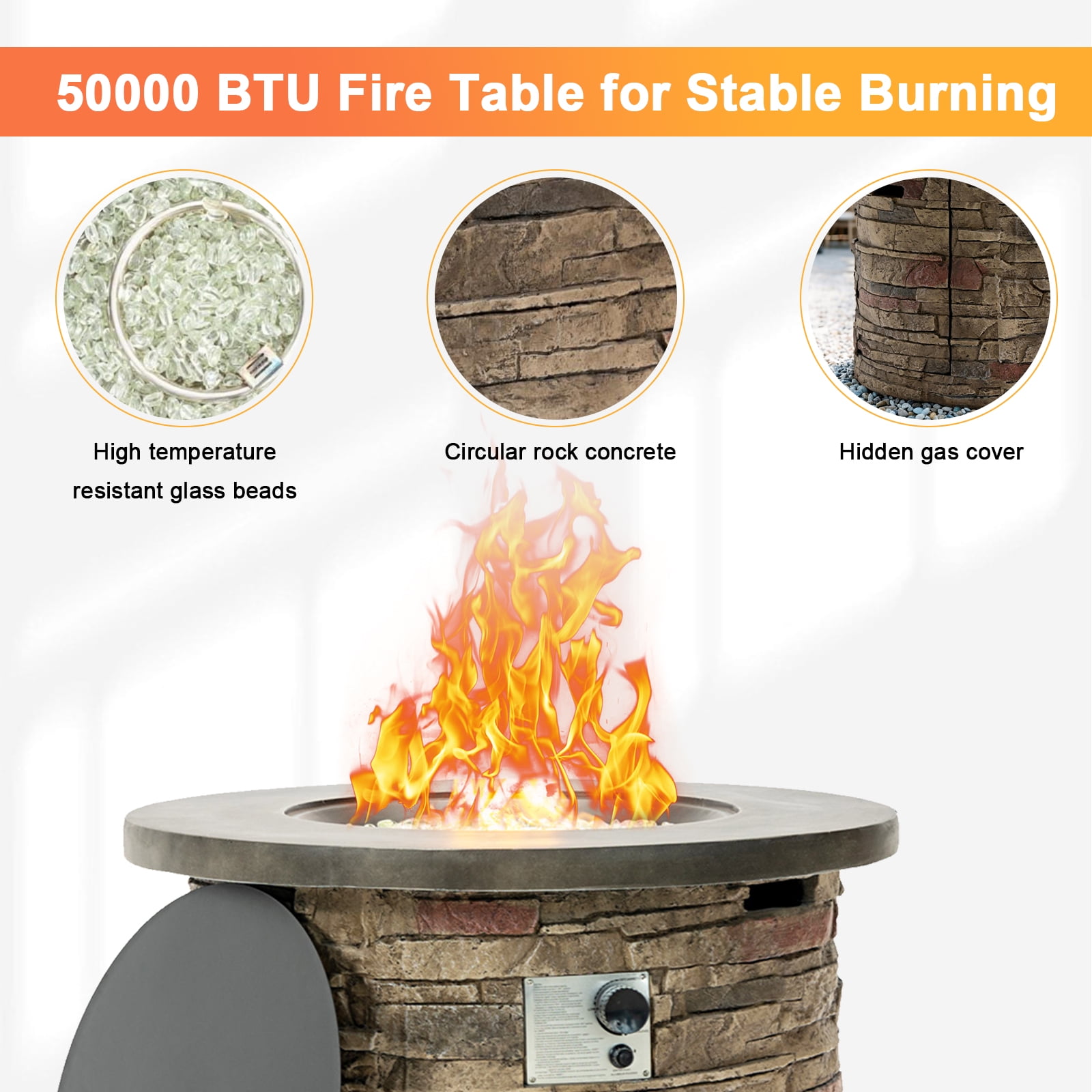 36'' Propane Gas Fire Pit Table, 50000 BTU Round Concrete Fire Pit for Outside Patio Deck Garden Backyard