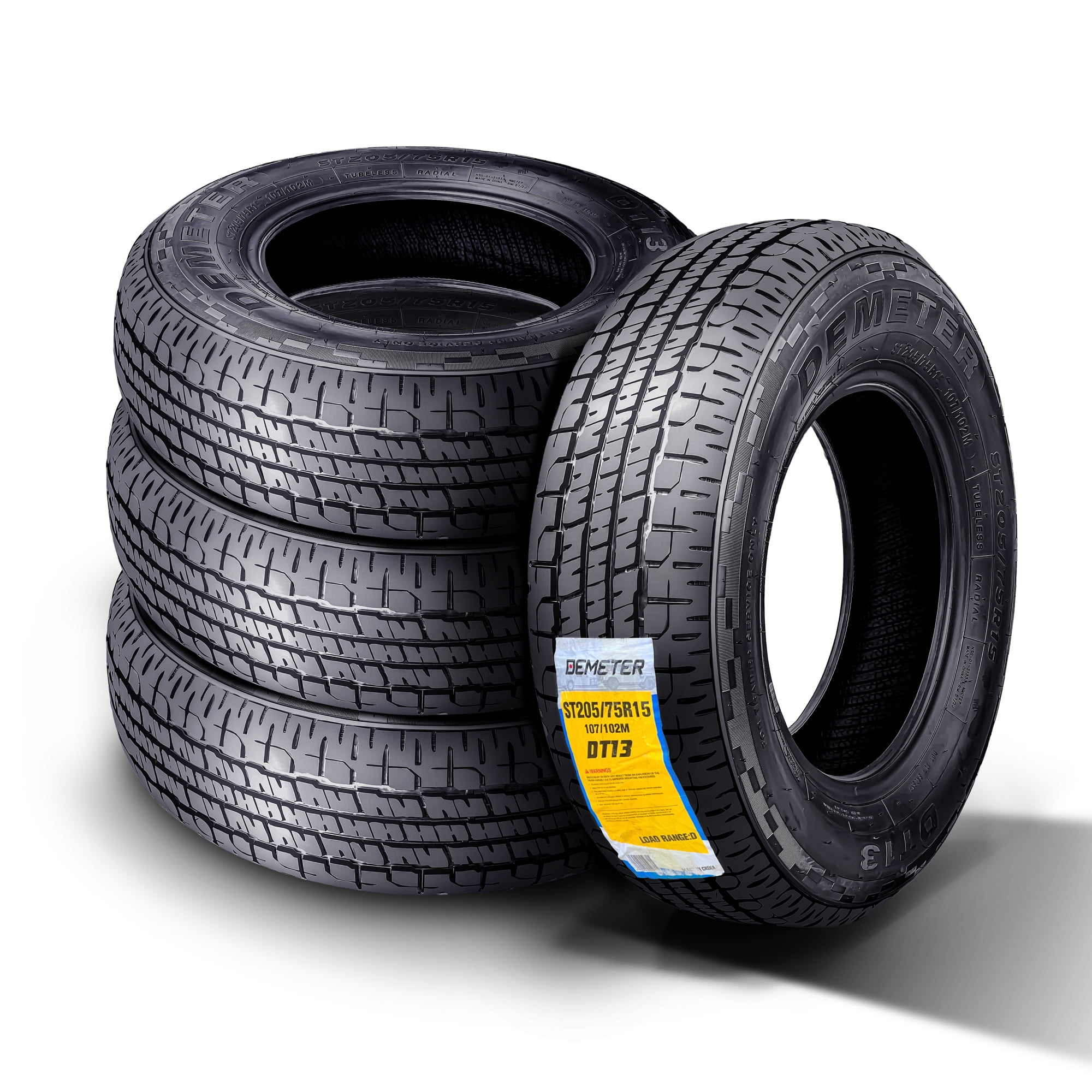 DEMETER Set of 4 Heavy Duty ST 205/75R15 Trailer Tires , Semi-Steel Trailer Tires 205/75R15 8 Ply Load Range D , 105/101M All Season Traction