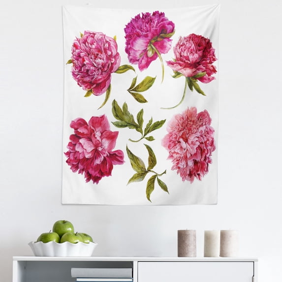 Floral Tapestry, Spring Buds in Vivid Tones Watercolor Peony Bouquet Art, Fabric Wall Hanging Decor for Bedroom Living Room Dorm, 5 Sizes, Olive Green Magenta, by Ambesonne