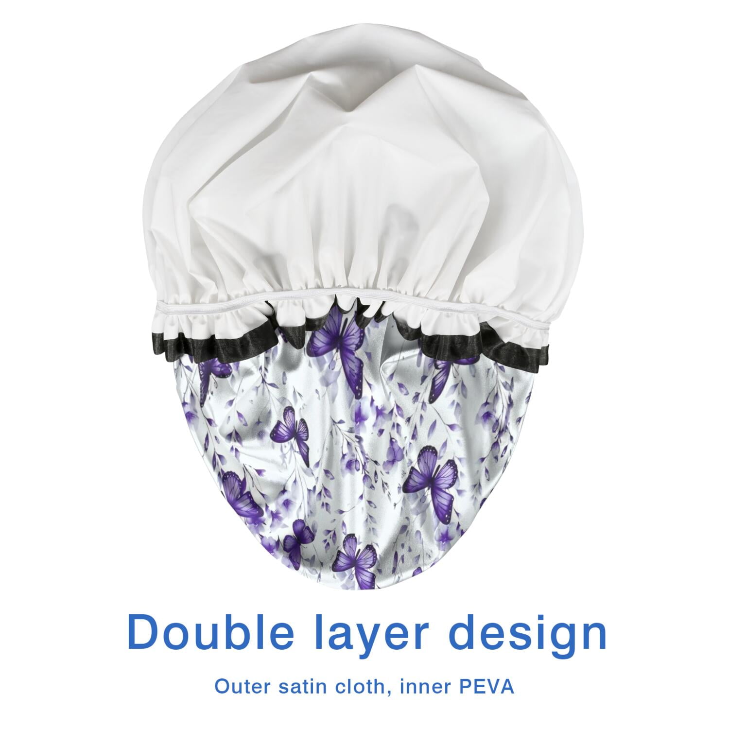Shower Caps,White Purple Butterfly Plant Pattern Waterproof Shower Cap for Women 4 Pieces,Double Reusable Hair Cover for Shower PEVA Elastic Stretch Hem