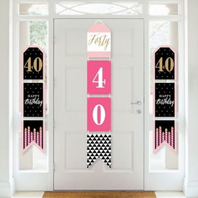 Chic 40th Birthday - Pink, Black and Gold - Hanging Vertical Paper Door Banners - Birthday Party Wall Decoration Kit - Indoor Door Decor