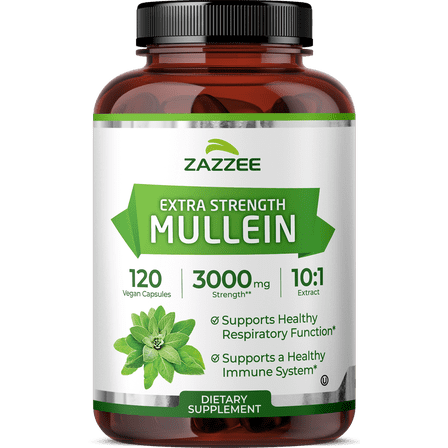 Zazzee Extra Strength Mullein 10:1 Extract – 3000 mg Strength – 120 Vegan Capsules – Supports Respiratory Health – 4-Month Supply – 100% Pure Leaf, All-Natural, Non-GMO, Made in USA