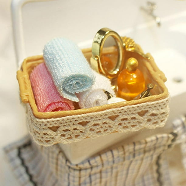 Canasta de cosméticos de artículos de tocador de Canasta de artículos de tocador en miniatura Accesorios de muebles de almacenamiento Yotijar Cubo de casa de muñecas
