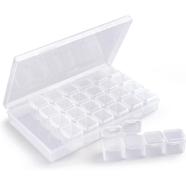 Rhinestone Storage Organizer Box, Cosics 28 Slots Adjustable False Nail Art Tool Crystal Charm Jewelry Compartment Container Holder with Lids, Clear Plastic Case for Diamond Painting, Embroidery Craft