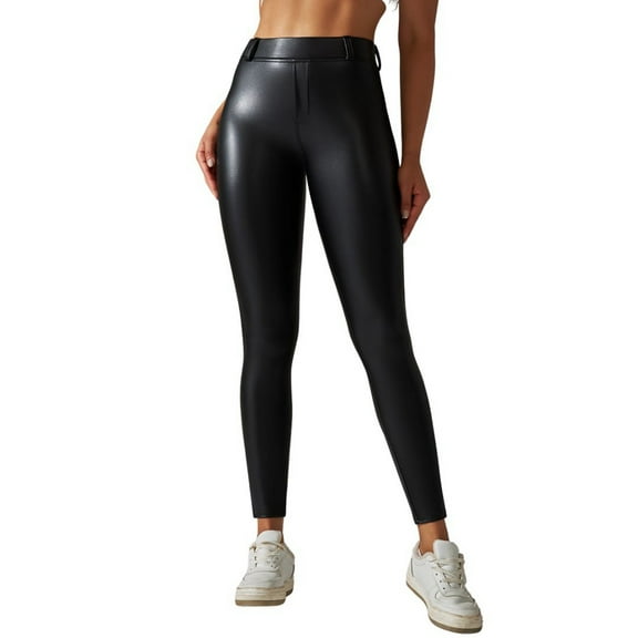 oqasdz Leggings for Women Pu Leather Skinny Sports Tights with Pockets High Waist Stretchy Yoga Pants L