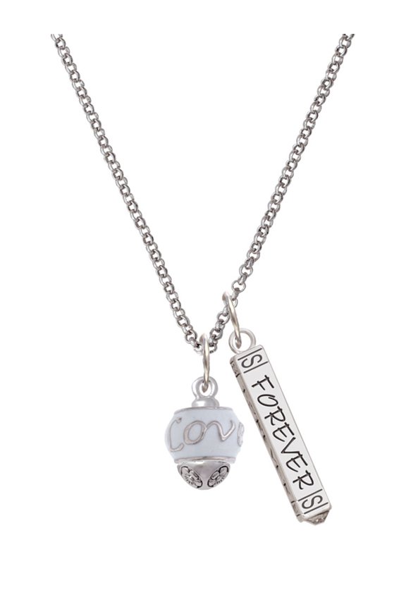 Silvertone Love on White Spinners Silvertone Forever Bar Charm Necklace, 23"
