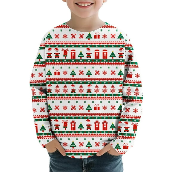 IVEYRTF Kids Christmas Print Long Sleeve Round Neck Blouses Shirts Casual Fall Winter Fleece Lined Tops Loose Hoodless Pullover for Children 3-14 Years(Multicolor#1,7 Years)