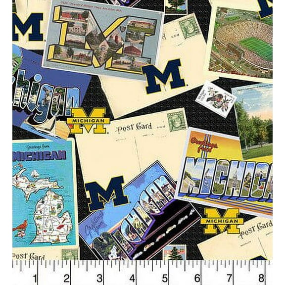University of Michigan Cotton Fabric with Scenic Postcard Design Design-Sold by the Yard