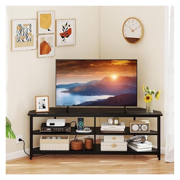 Corner TV Stand for 65 Inch TV, Modern Entertainment Center w/Power Outlet, Storage Shelves&Metal Frame, Media TV Console Table for Living Room, Bedroom, Small Spaces, Black