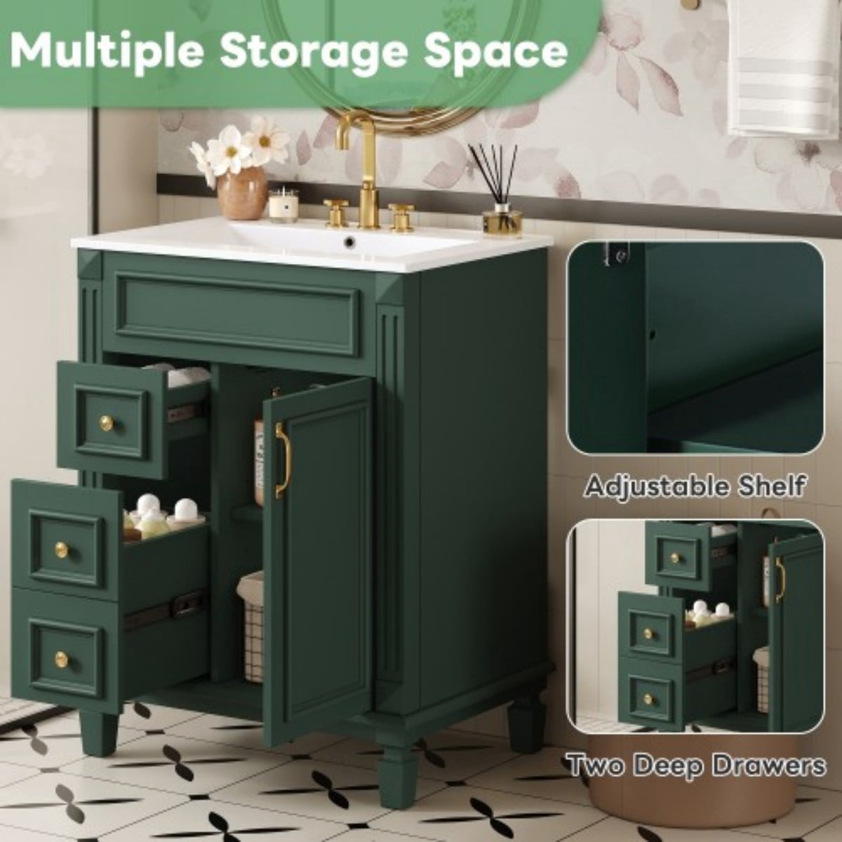 24" Bathroom Vanity with Ceramic Sink, Small Bathroom Vanity Cabinet with 2 Drawers, Adjustable Shelf, Soft-Close Door, Green