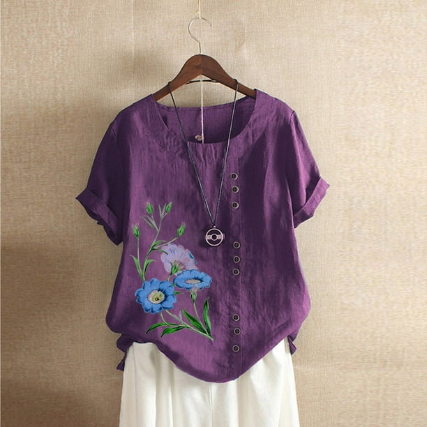 Fiudx Ofertas Del Día Camiseta de Verano con Cuello Redondo y Manga Corta para Mujer, Informal, con Botones Impresos