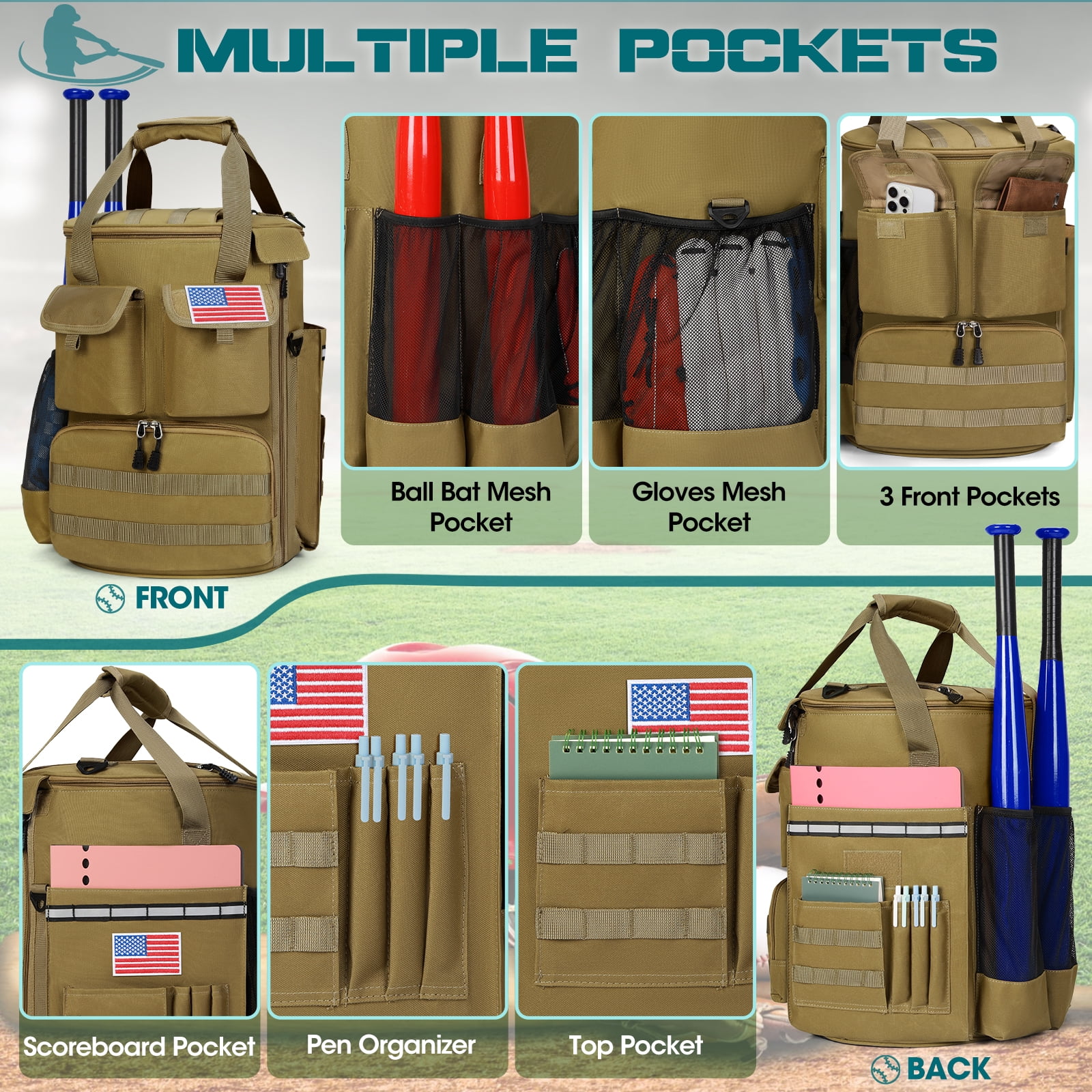RAINSMORE Baseball Bucket Backpack Baseball Accessories Organizer Bag with Insulation Pocket Softball Baseball Bag with Anti-Slip Bottom,Brown