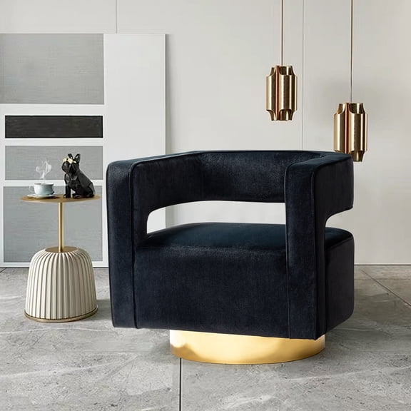 HULALA HOME Carisa Modern Upholstered Swivel Comfy Open-Back Barrel Chair with Golden Base by BLACK