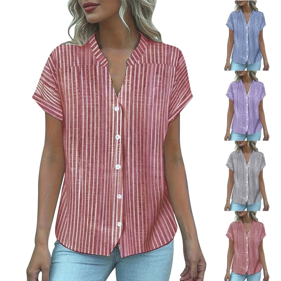 Ichuanyi Womens Button Down Shirts Short Sleeve Loose Summer Tops Dressy Casual V Neck Business Work Blouses