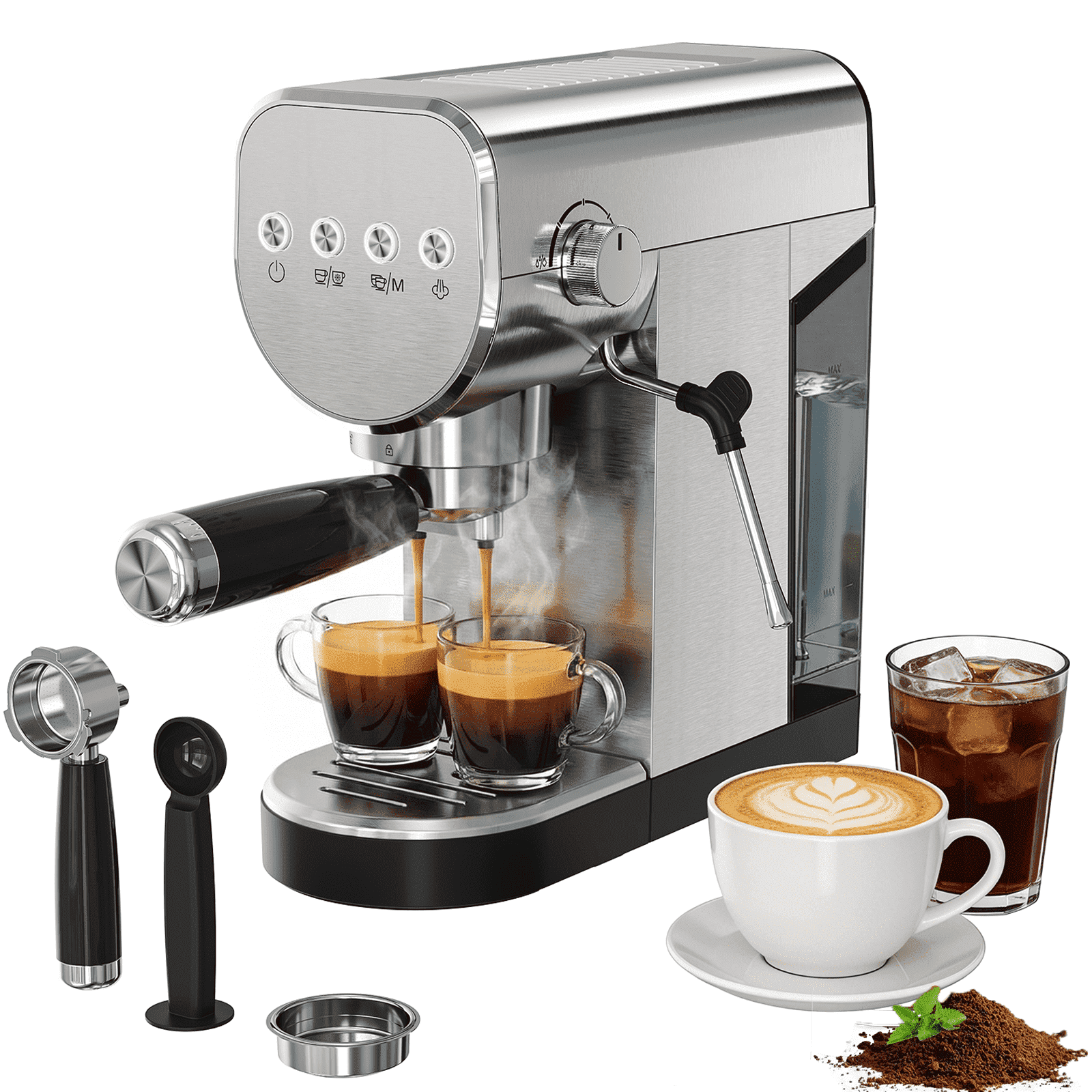 Coffee Maker, 20 Bar Espresso Machine with Milk Frother & Cold Brew, 1250W, 34oz Water Tank, Compact Steel Design