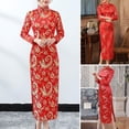 thumbnail image 2 of Quixlent Women Classic Chinese Dress Chinese Style Vintage Flower Print Stand Collar Long Sleeve Side Split Ankle Length Maxi Dress Qipao Cheongsam, 2 of 8