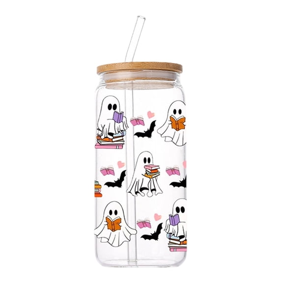 Aesthetic Glass Cups with Lids and Straws Halloween Ghost Glass Cup 16oz Printed Spooky Tumbler with Straw for Summerween Party Iced Coffee Holiday Drinks