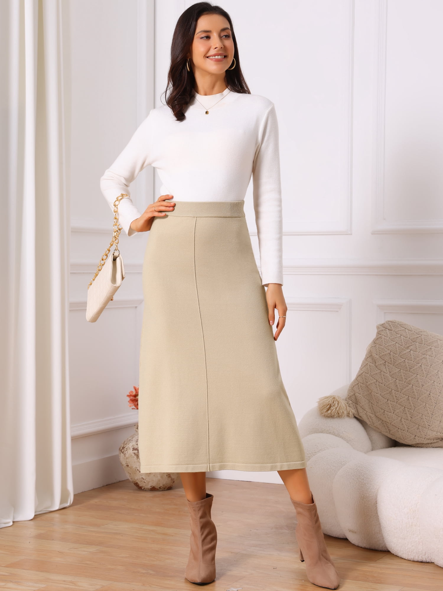 DARING DIVA Women's Sweater A Line Elastic High Waist Stretchy Midi Skirt L Apricot