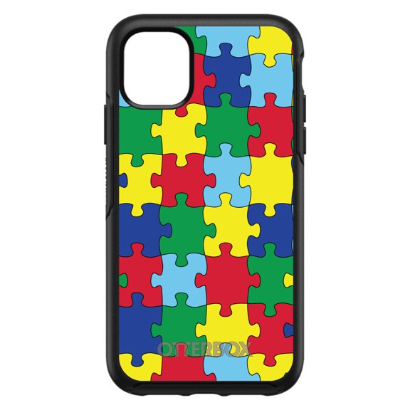 DistinctInk OtterBox Symmetry Custom Case for Apple iPhone 15 (6.1" Screen) - Austism Awareness - Tempered Glass Back