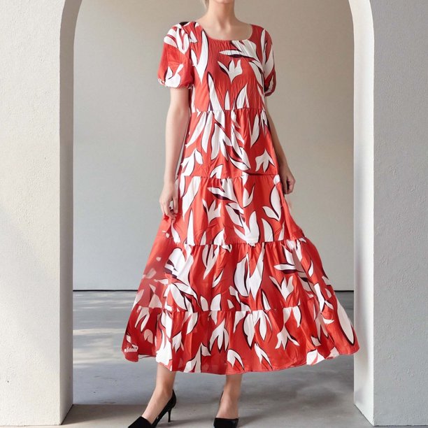 WILLBEST Vestido Largo De Verano Con Estampado Floral Para Mujer Con Falda Ancha Con Volantes Para Playa Y Hogar