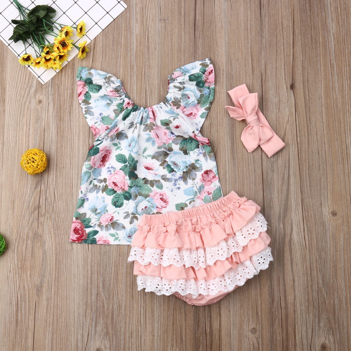 3pcs Baby Girl Floral Print Long-sleeve Lace Collar Top and Solid Ribbed Frill Shorts with Headband Set