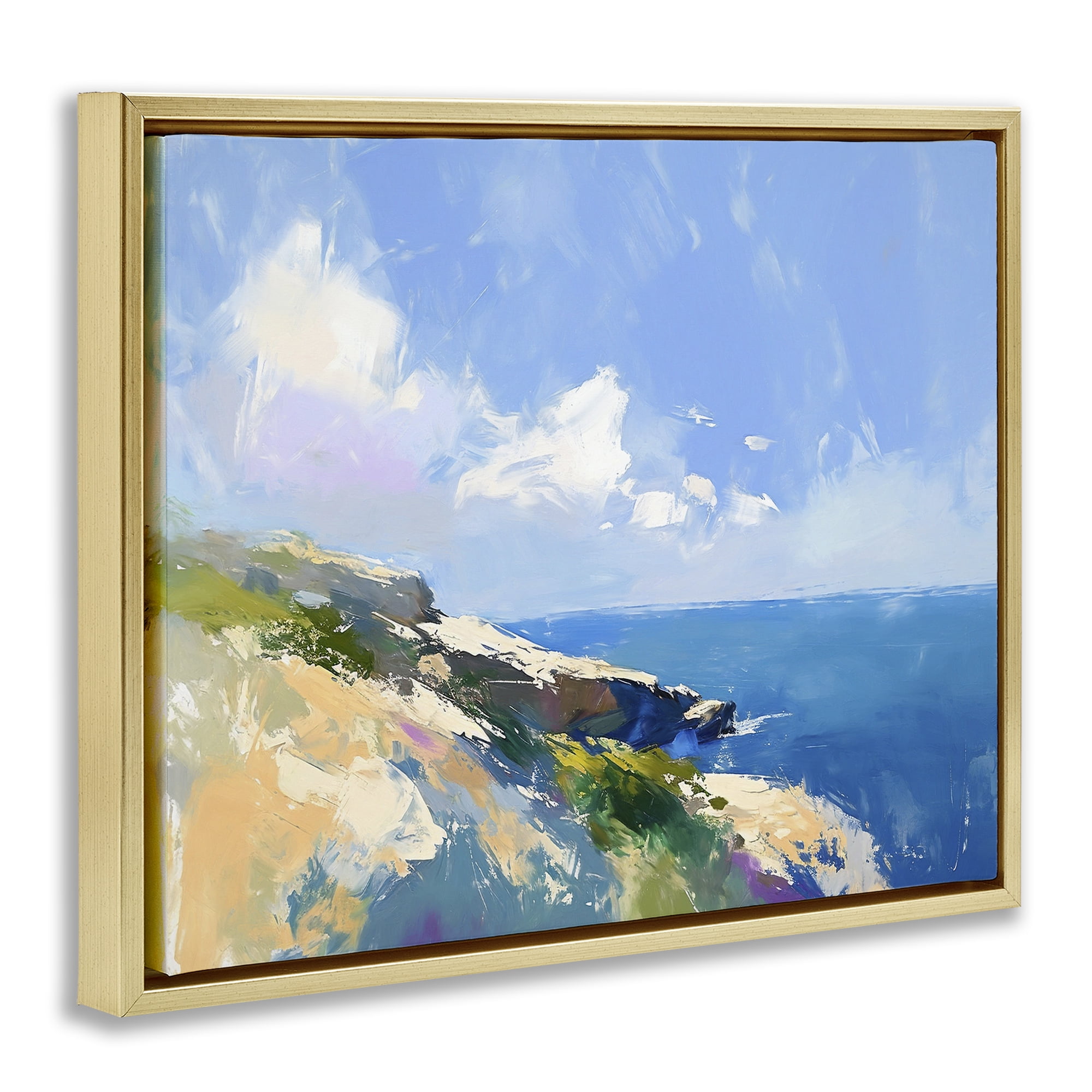 Stupell Industries Rugged Coastline Landscape Coastal Painting Gold Floater Framed Canvas Art Print Wall Art, 21 x 17