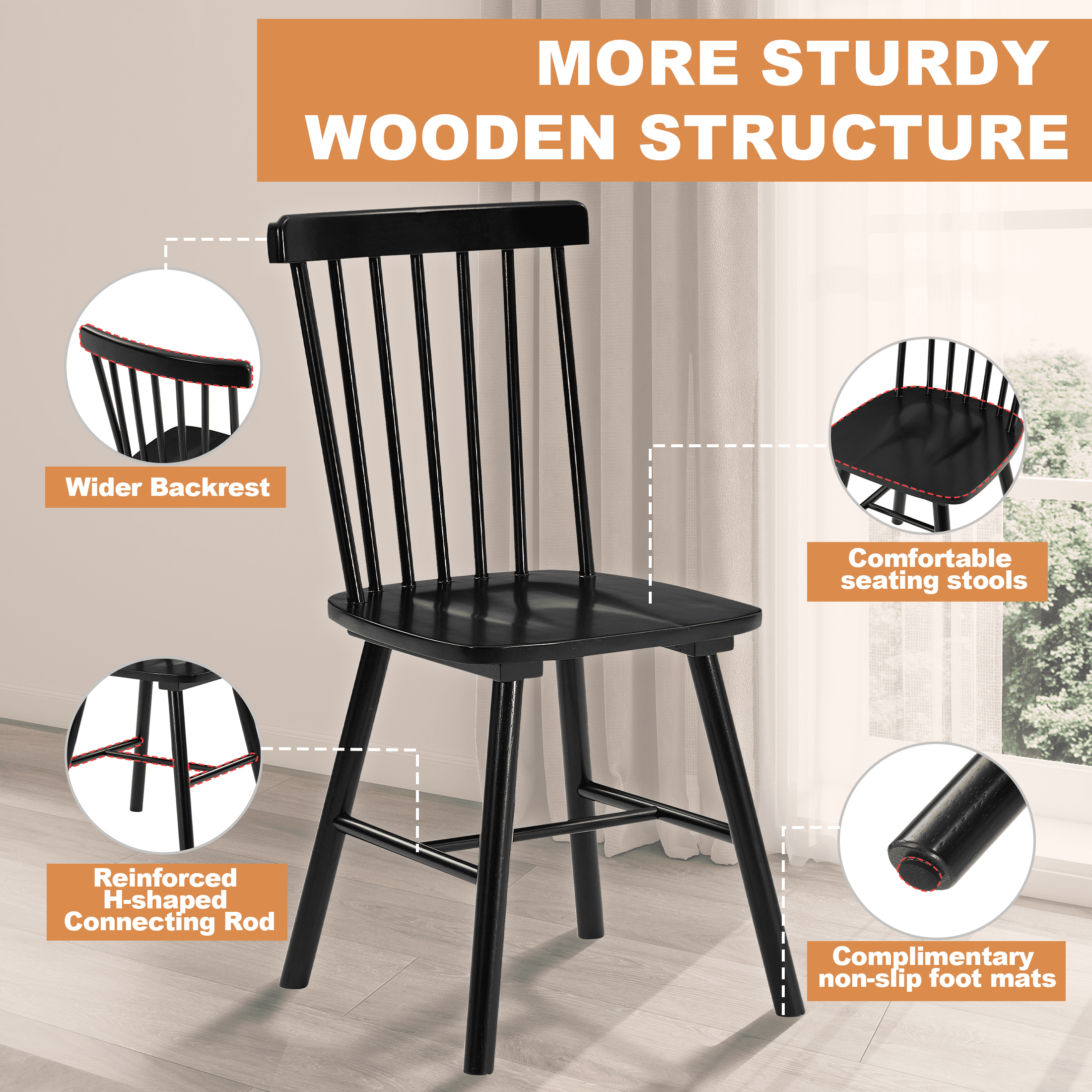 TrumanPick Farmhouse Windsor Dining Chairs Set of 8, Spindle Back Wood Dining Room Chairs, Kitchen Chairs for Living Room & Restaurant, Black
