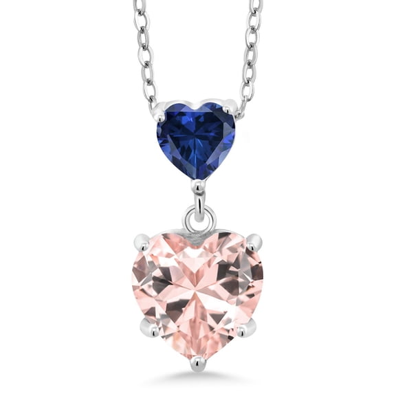 Gem Stone King 2.46 Ct Peach Nano Morganite Blue Created Sapphire 925 Sterling Silver Pendant with Chain