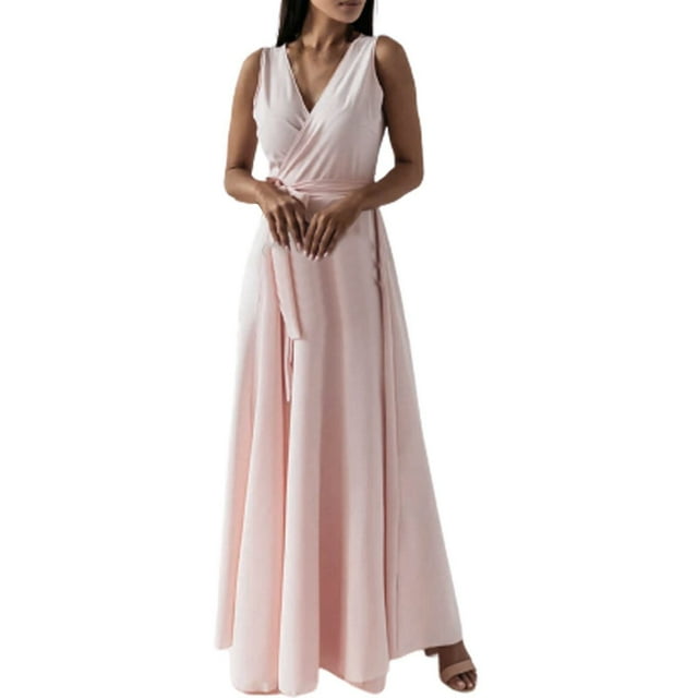 B91xZ Robe de Campagne Femme Sans Manches Col Halter Volanté en Chiffon Fluide Midi Longue, Rose m