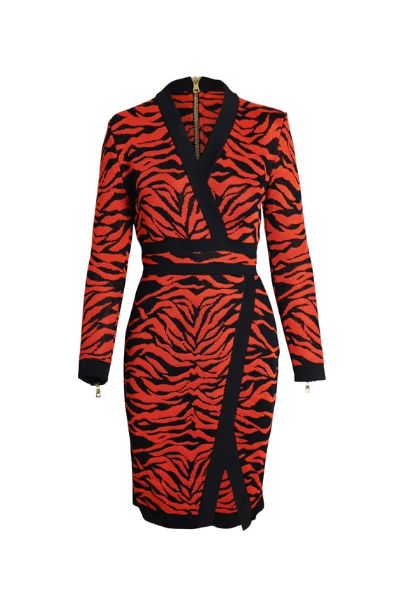 Pre-Owned Balmain Wrap-Effect Printed Knit Dress in Orange Viscose