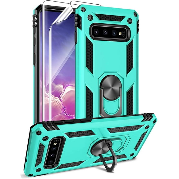 MYKOMI for Samsung Galaxy S10 Plus Case with HD Screen Protectors, Military-Grade Metal Ring Holder Kickstand 15ft Drop Tested Shockproof Cover Case for Samsung Galaxy S10 (2019)