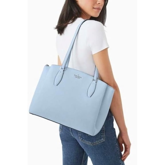 Kate Spade Monet Large Leather Triple Compartment Tote Shoulder Bag Purse Handbag, Muted Blue