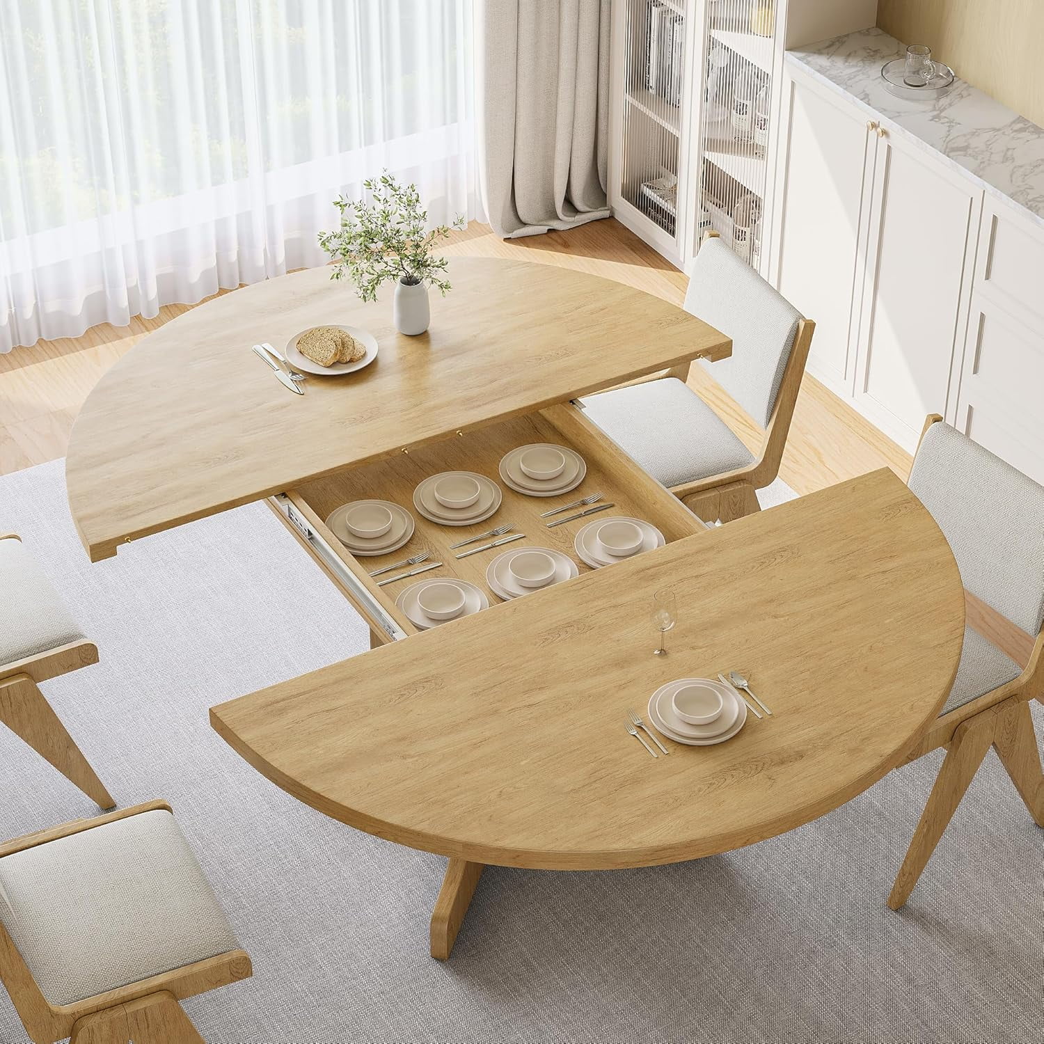iPormis 59" Round Extendable Dining Room Table for 6, Modern Oval Kitchen Table with Heavy Duty Wood Base, Dinette for Kitchen Living Room,Oak