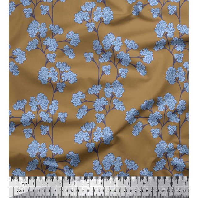 Soimoi Rayon Crepe Fabric Yellow Blue Flower Floral Decor Fabric Printed Yard 46 Inch Wide