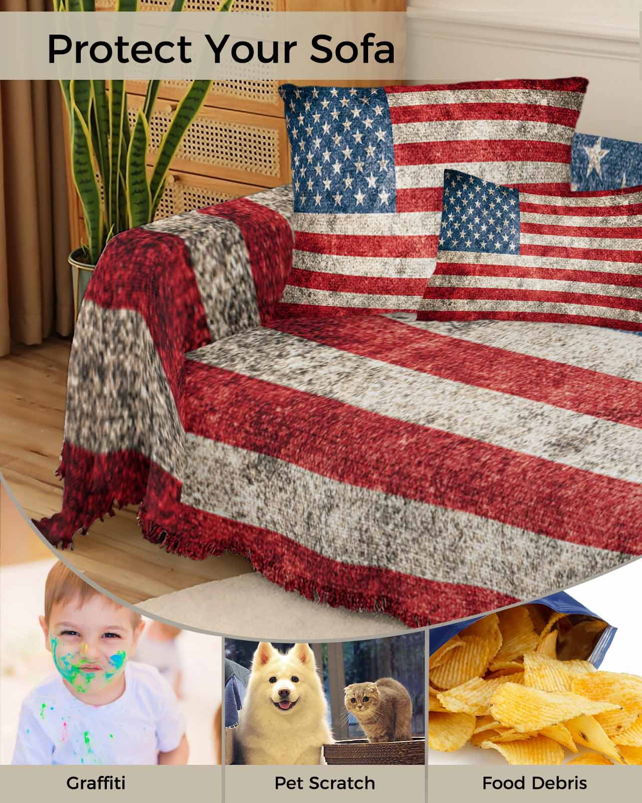 American Flag Sofa Covers for 3 Cushion Couch,Washable Sectional & L Shape Couch Covers for Dog/Cat/Kid,Rustic Chic Red Blue Star Stripes Non Slip Sofa Slipcover Tassel Futon Cover 71''x150''