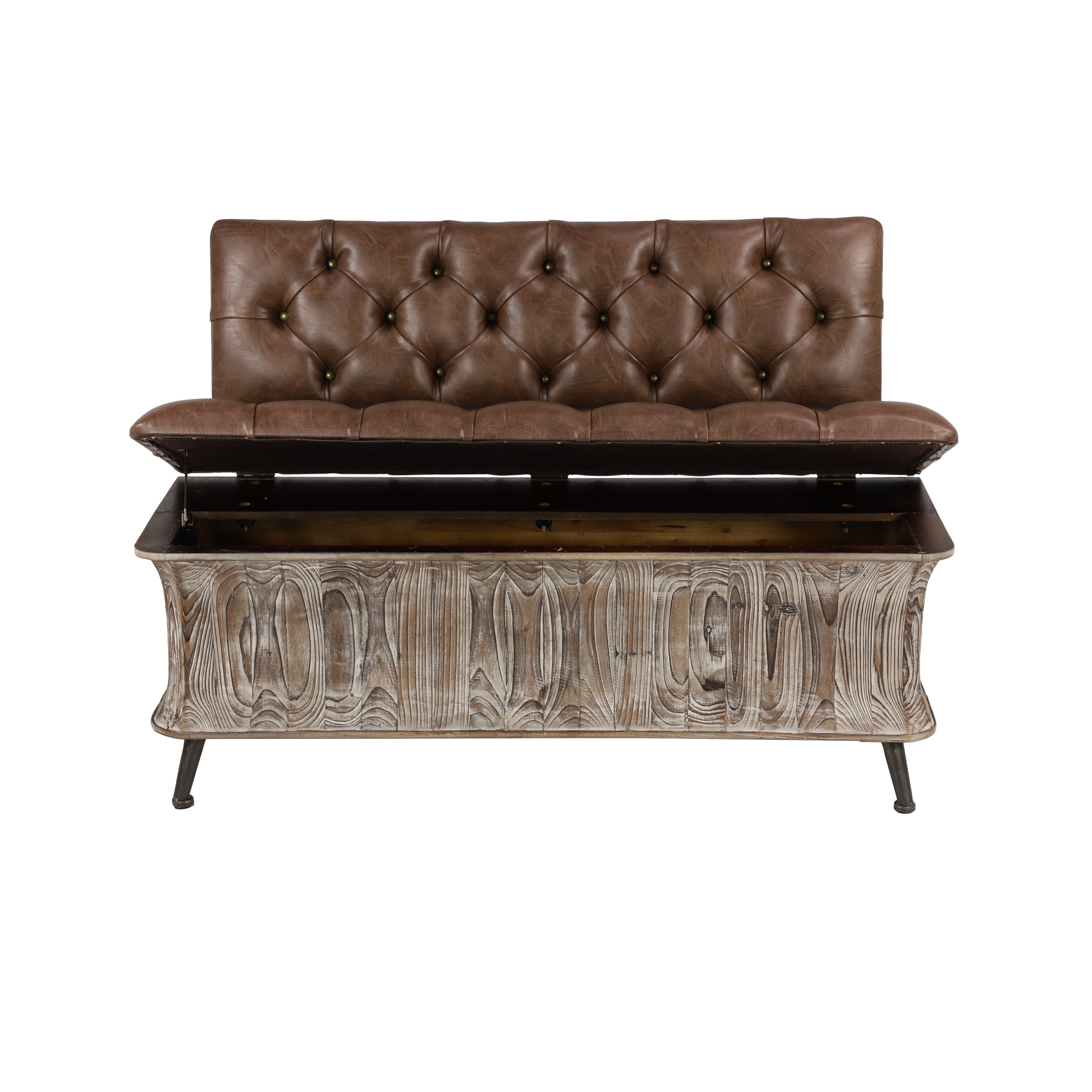 DecMode Wood Storage Bench with Tufted Faux Leather Seat and Back, Brown