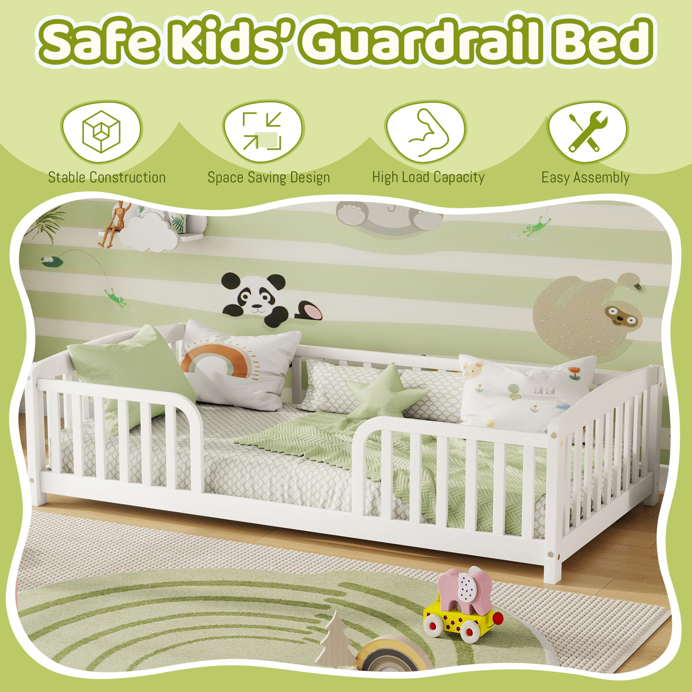Noble House Norva Twin Size Floor Bed with Central Curved Entrance Guardrails, Pine Wood Bed Frame, White