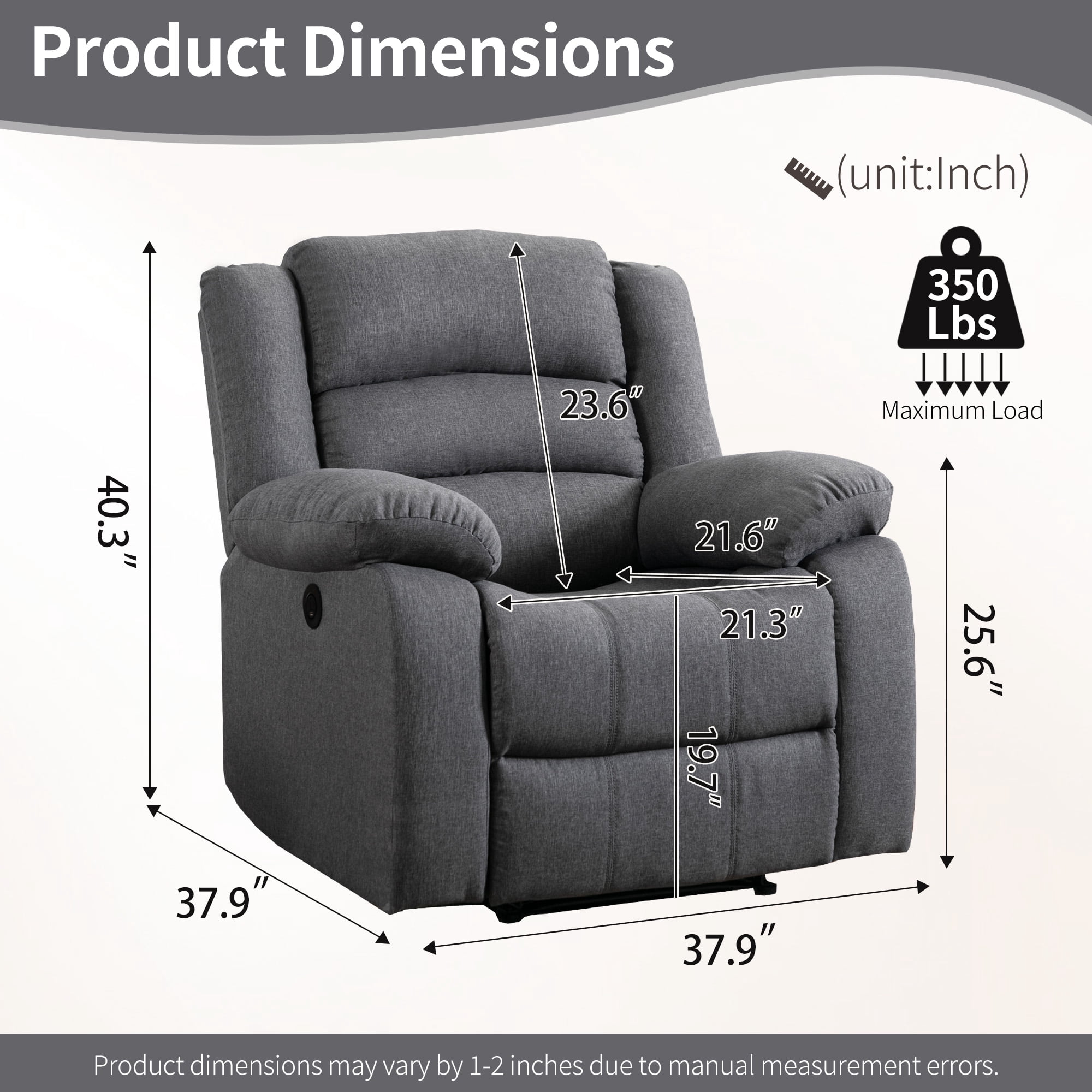 Bonzy Home Power Recliner Chair for Big and Tall，Single Sofa for Living Room Chair，Gray