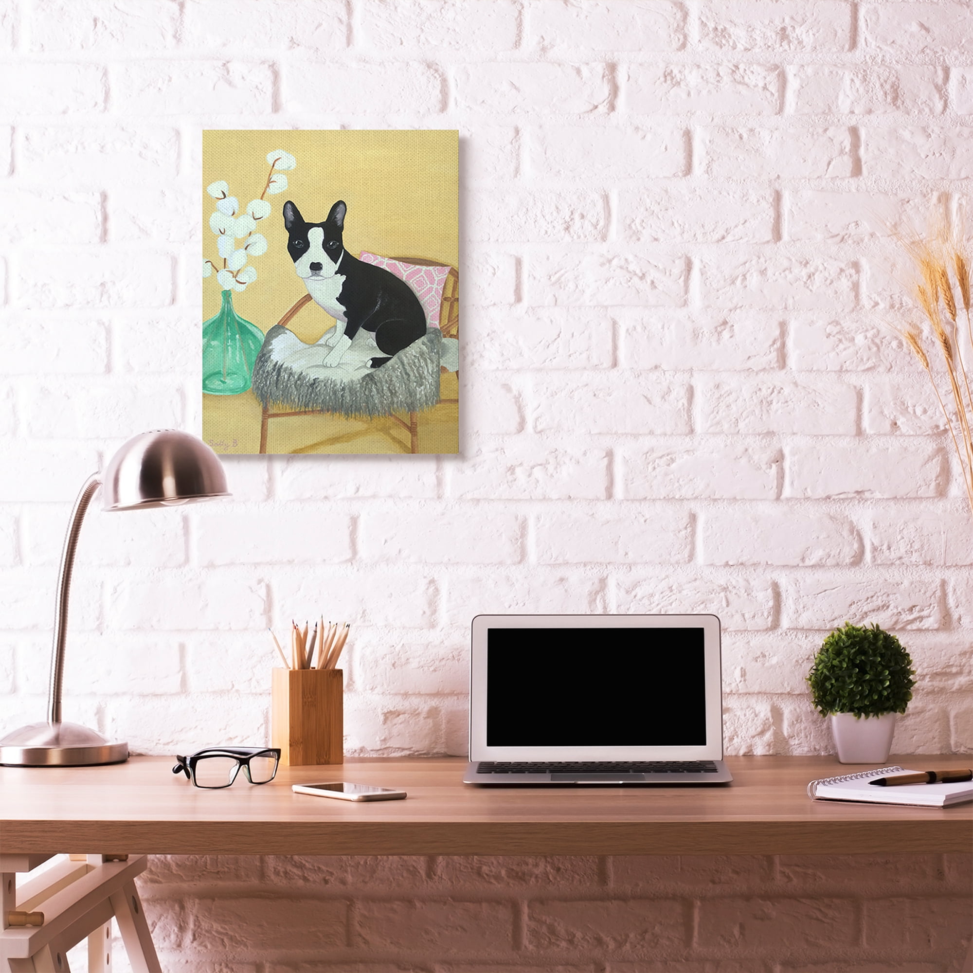 Stupell Home Décor Dog on Chair Yellow Green Pet Painting Canvas Wall Art by Sally B