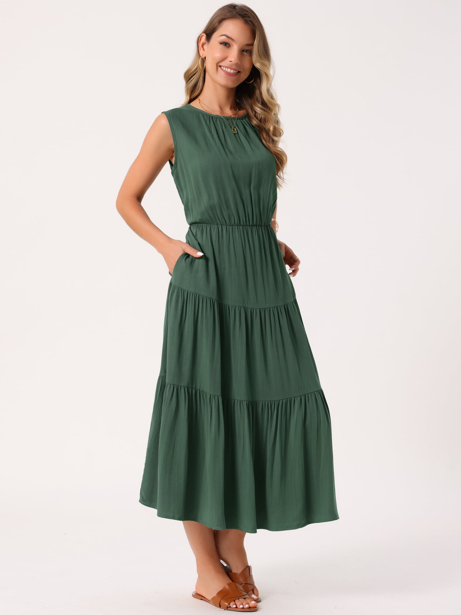 DARING DIVA Sleeveless Crewneck Tiered Casual Midi Dress M Army Green