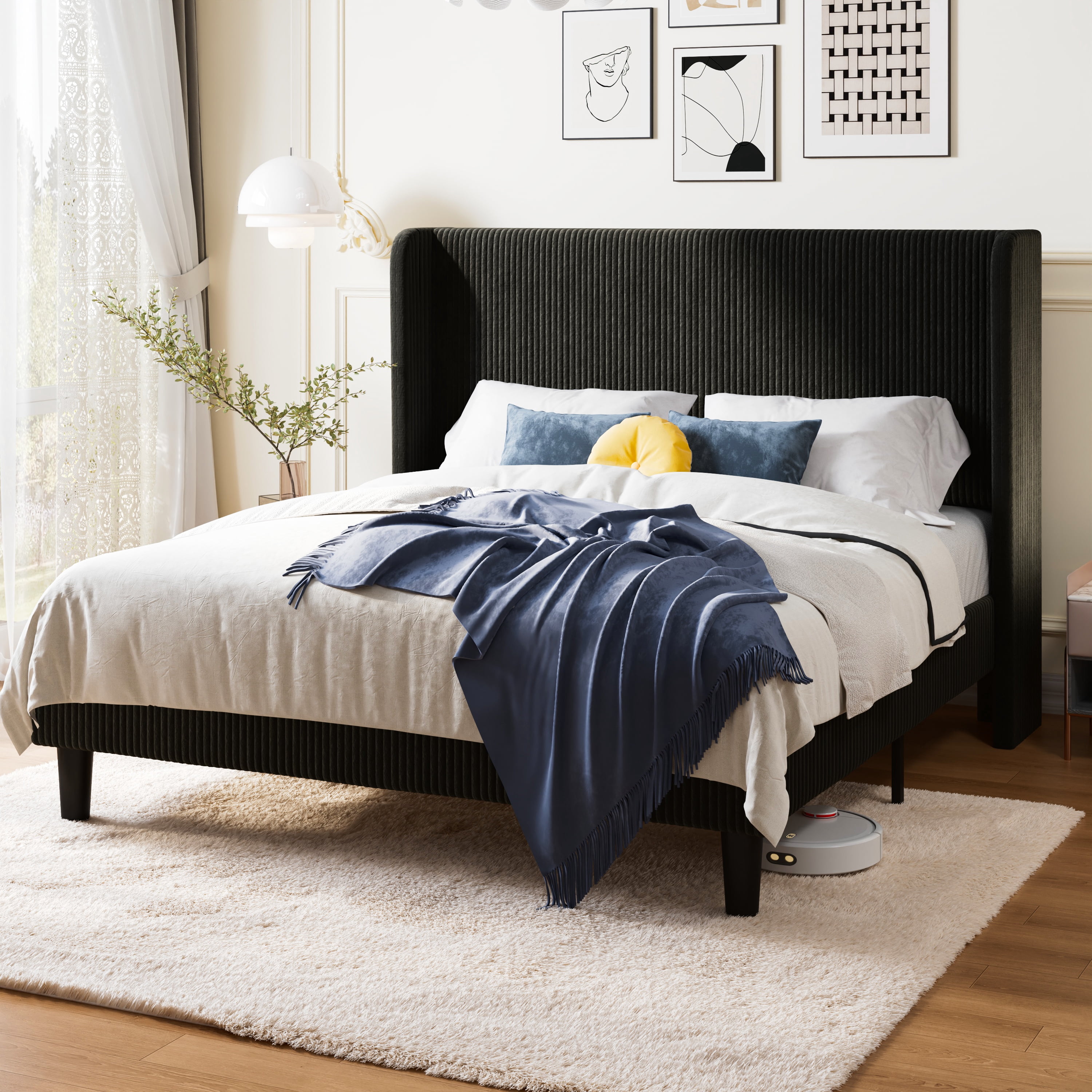 Allewie Queen Size Corduroy Upholstered Platform Bed Frame with Vertical Channel Tufted Wingback Headboard, 8" Under Bed Storage, Wooden Slats and Metal Frame Support, No Box Spring Needed, Black