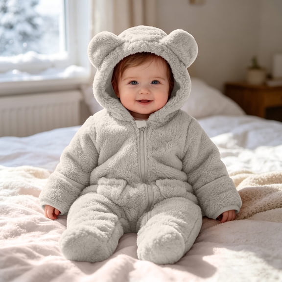Xdegoge Fluffy Baby Snowsuit Full Zip Up Thick Fleece Winter Hooded Footed Jumpsuit Outerwear for Infant Boys Girls Outwear Hoodie Romper