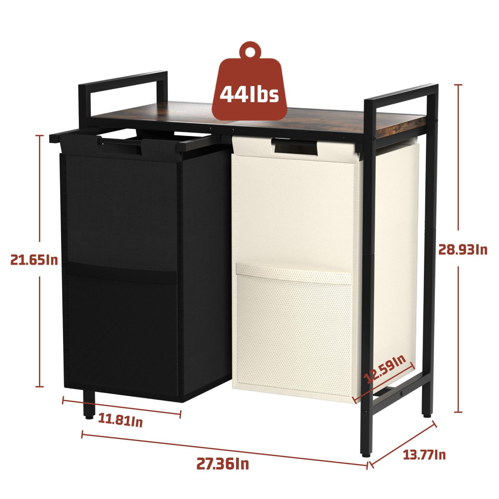 Double Compartment Laundry Basket, Laundry Sorter with Top Shelf, 2 Removable Washable Bags, Side Pockets, Black & White