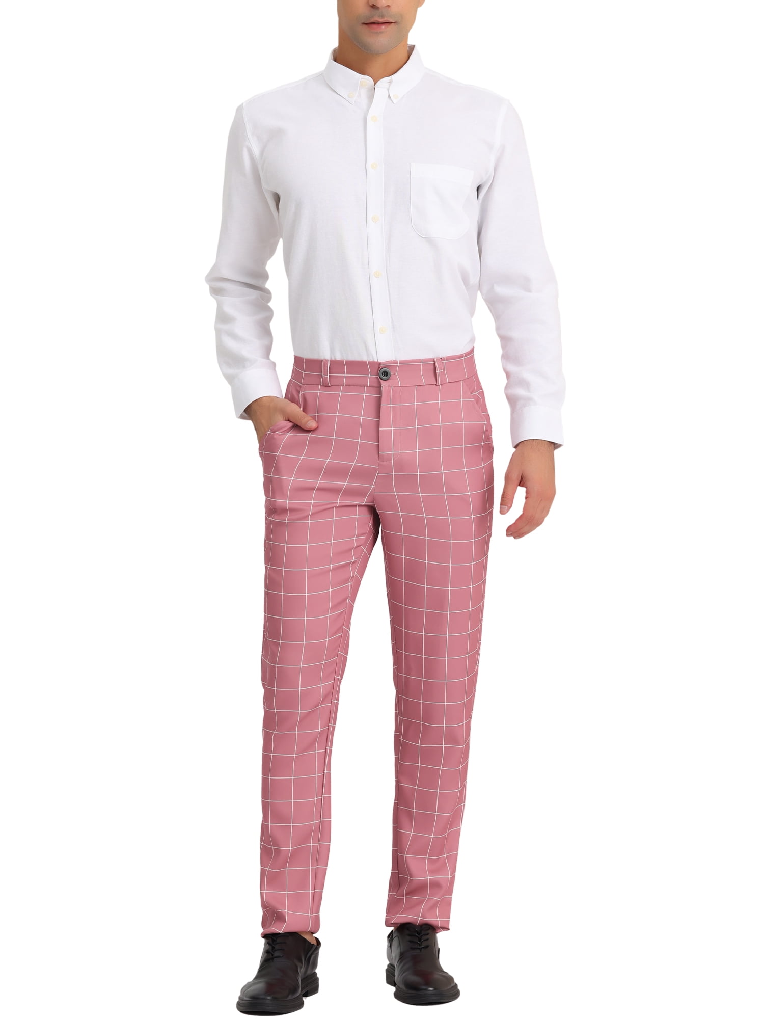 Unique Bargains Men's Plaid Printed Straight Leg Business Casual Checked Pants 30 Pink White