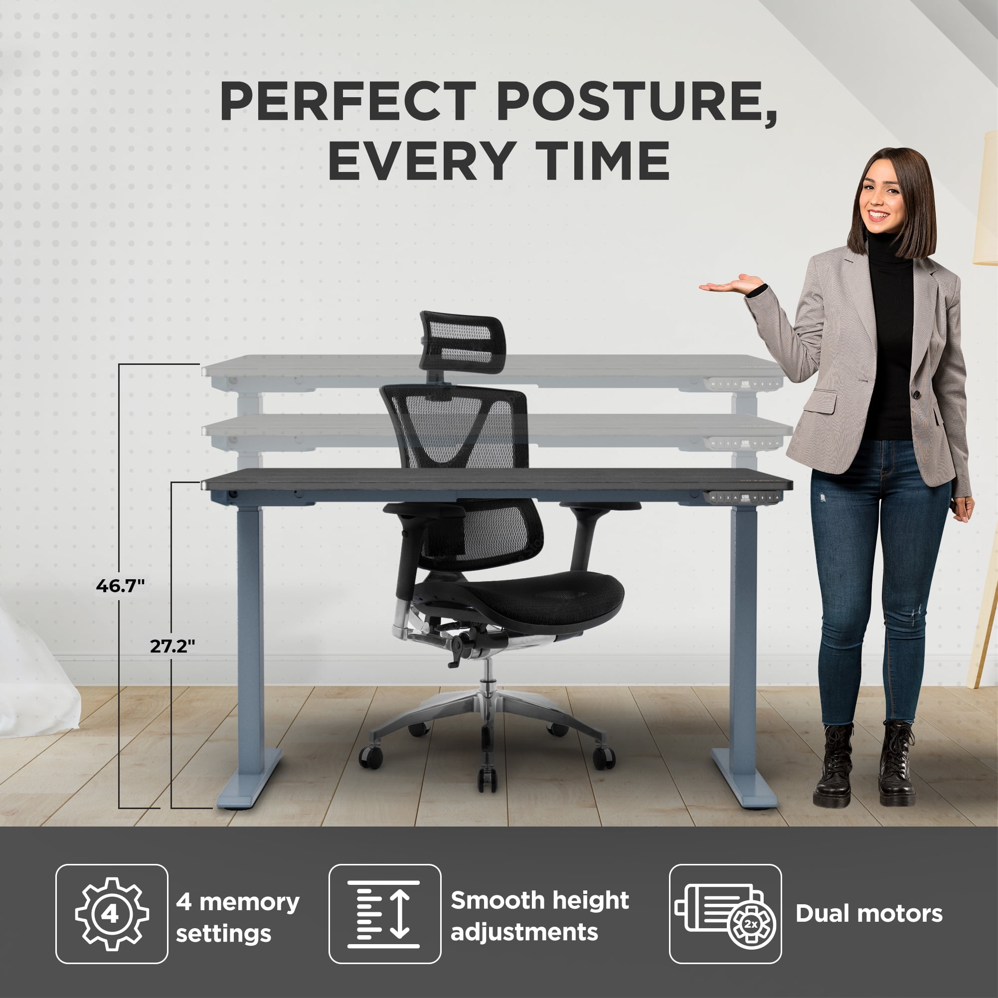 Rise Up 60x30” Bamboo  Solid Top Electric Standing Desk | One-Piece Memory Desktop Dual Motor Adjustable Height Desk 27–47” Ergonomic Sit Stand Workstation