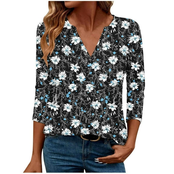 SHE IS Womens 3/4 Sleeve Tops, Womens Long Sleeve Shirts Fall Long Sleeve Cotton Tops for Women Plus Size 3/4 Length Sleeve Womens Tops Dressy Oversized Graphic Tees for Women Band