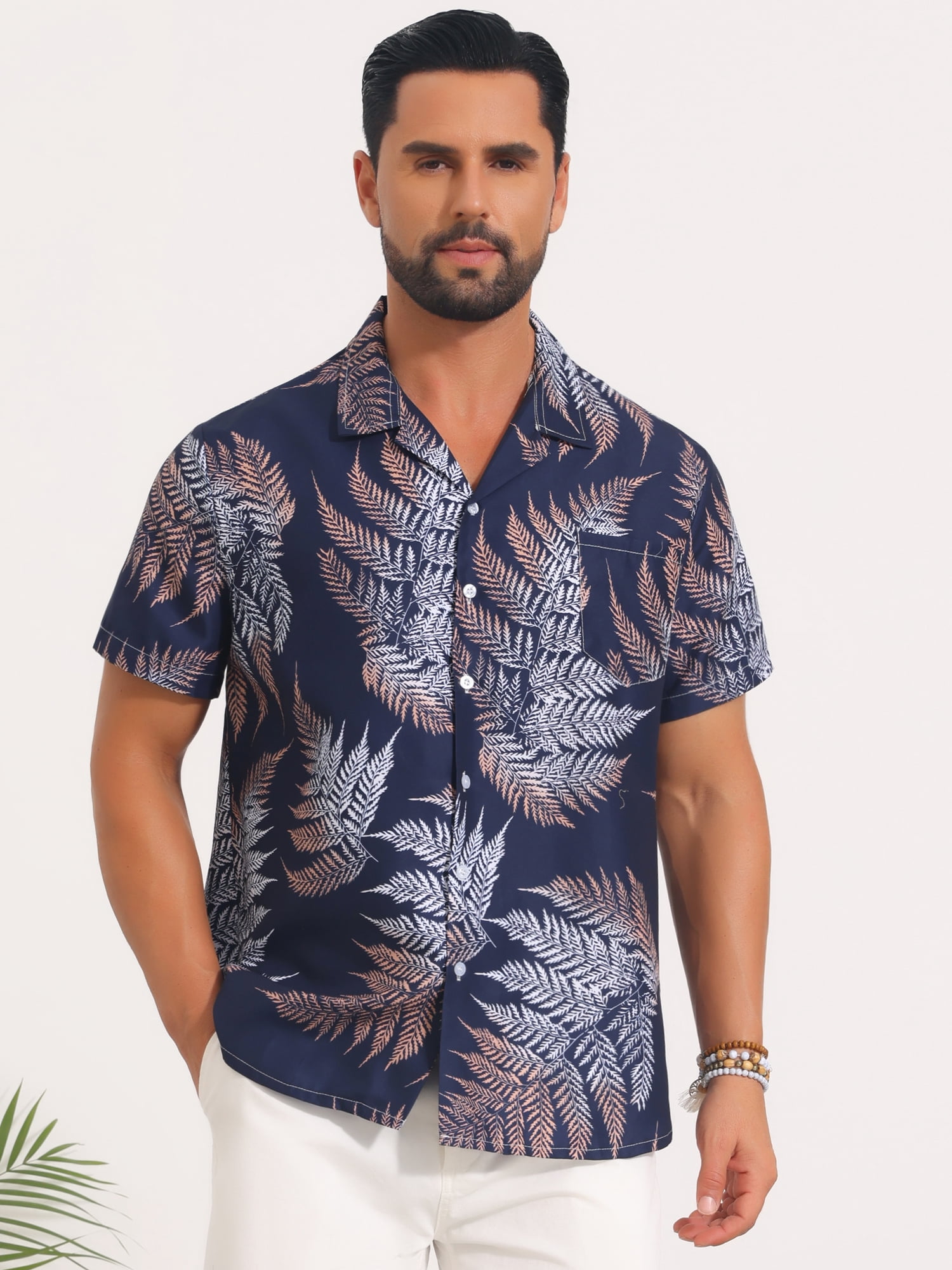 DARING DIVA Men's Short Sleeve Button Down Camp Collar Leaf Print Shirts XL Dark Blue