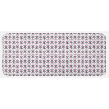 Teen Kitchen Mat, Funky and Girlish Youth Pattern Emo Skulls with Bowknots Bones and Hearts, Plush Decorative Kitchen Mat with Non Slip Backing, 47" X 19", Violet Black White, by Ambesonne