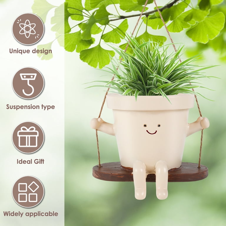 Tcwhniev Swing Planter Pot with Smile Face for Indoor Outdoor Hanging, Resin Compact Portable Plant Pot 11x7.9x13.8 cm