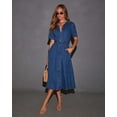 thumbnail image 2 of Women's Blue Short Sleeve Denim Midi Dress, Tie Waist Button Front A Line Dress, 2 of 6